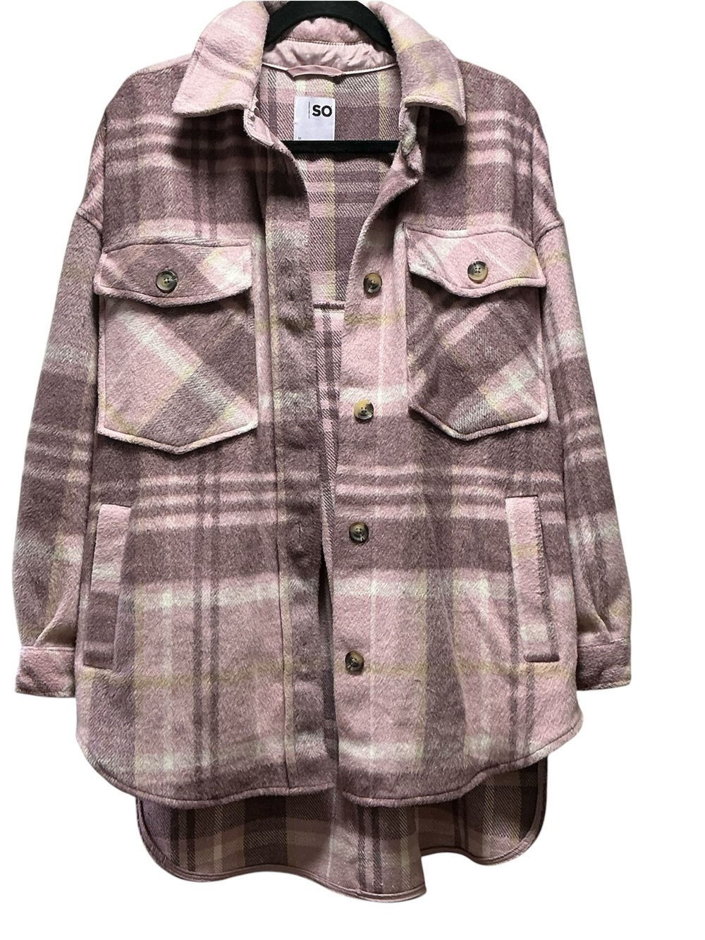 Women’s SO Pink Plaid Oversized Button-Up Shacket Jacket Size M